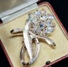Flower Leaf Brooch Pin AB Glass Clear Crystal Bead Gold Plated Vintage 1950's