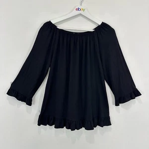Threadz Top Women L Black Elastic Boat Neck Viscose Blend Casual - Picture 1 of 9