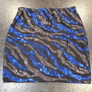 Blue and Black Sequin Mini Pencil Skirt Holiday Party Lined Statement Women S - Picture 1 of 3