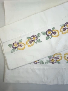 VIntage Stamped Embrodierey Pillow Cases Floral Pansy 30 x 21 White Cotton - Picture 1 of 4