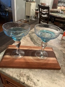 Set of 2 Vintage Pier 1 Aqua / Clear Hand Blown Glass Margarita Glasses - Picture 1 of 5