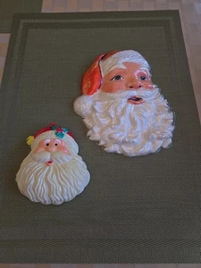 Pair Of Vtg Santa Claus Head Face 1 Plastic/1 In Clear Plastic Over Styrofoam - Picture 1 of 15