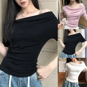 Summer Fashion Solid Off Shoulder T Shirt for Women with Short Sleeves - Picture 1 of 36