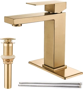 Grifo de baño dorado cepillado, grifo de baño tocador dorado de un solo orificio, una sola mano - Imagen 1 de 6