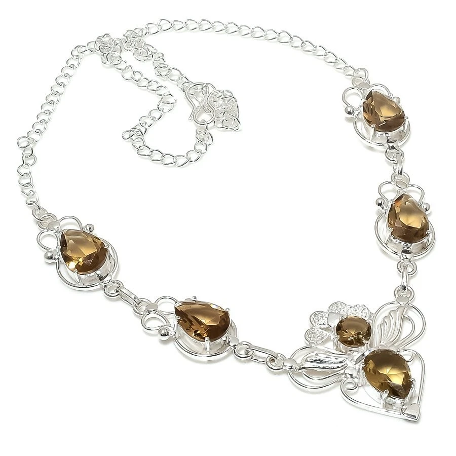 Collar de joyería de plata de ley 925 hecho a mano con piedras preciosas de cuarzo ahumado tamaño 18" Foto 1 de 1