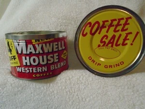 Vintage 1950s? Maxwell House Western 4 cents off! KEYWIND COFFEE TIN/w Lid 1 lb. - Picture 1 of 12