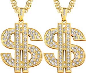 2 Pieces Plated Chain for Men with Dollar Sign Pendant Necklace, Hip Hop Dollar - Picture 1 of 12