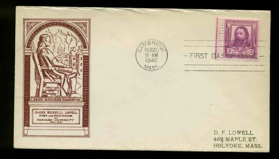 866 LOWELL FDC CAMBRIDGE, MA  CACHET #M57 1st HARVARD STAMP CLUB - Image 1 of 1