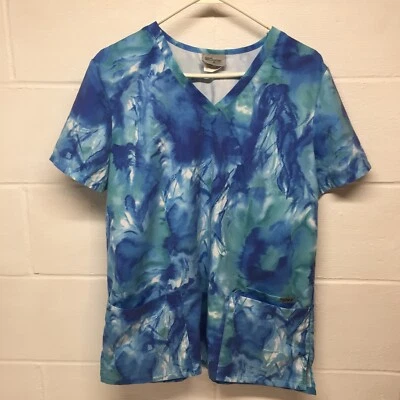 Greys Anatomy Tie Dye Blue Womens Medium Scrub Top - Image 1 of 4