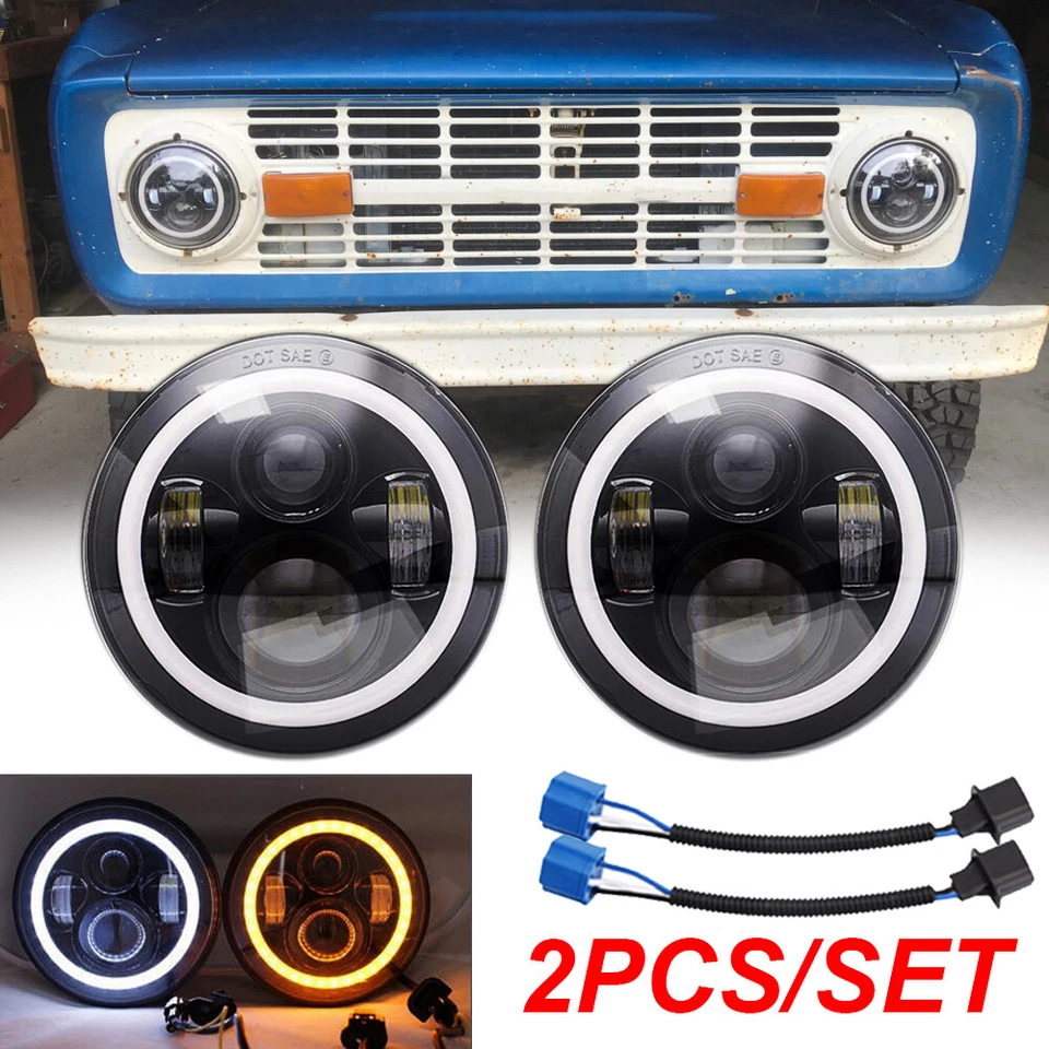 Pair 7" inch Round LED Headlight DRL Hi-Lo Beam For Ford Bronco 1966-1977 Chevy - Image 1 of 4
