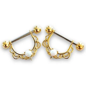 14g Pair Gold IP Faux Opal Dangle Filigree Dangle Nipple Rings - Picture 1 of 3