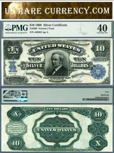 1908 $10 Silver Certificate Tombstone Note FR-302 PMG Graded Extremely Fine 40 - Picture 1 of 3