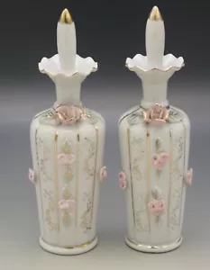 MADE IN JAPAN ROCOCO STYLE PORCELAIN APPLIED ROSES SET OF 2 PERFUME BOTTLES - Picture 1 of 6
