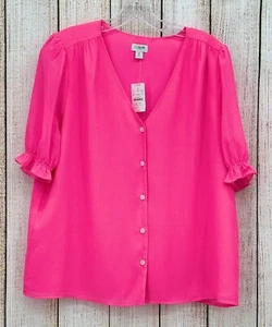 J Crew V Neck Puff Sleeve Top Women's Size Medium Pink Button Up Blouse NEW - Picture 1 of 8