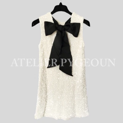 NWT H&M Sleeveless Sequined Tie-Back Bow Party Dress White/Black XS S M L XL XXL - Image 1 of 2