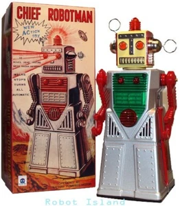 Chief Robotman Robot Giocattolo di Latta a Batteria Argento - Foto 1 di 1