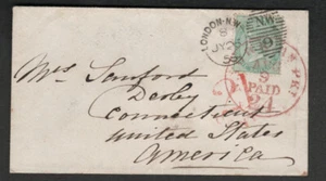 (FP) GB 1856 1/- Sc 28 Cover London - NY Red N.YORK AM PKT PAID H/S - Picture 1 of 2