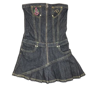 Vintage Y2K Rocawear Stickerei schwarz Bustier trägerlos Denim Minikleid Damen L - Bild 1 von 10
