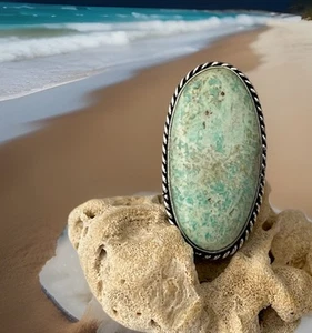 Size 8 Peruvian Turquoise Gemstone Ring - 925 Sterling Silver plated- New - Picture 1 of 4