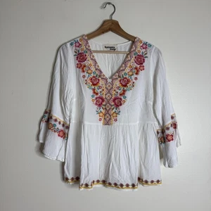 Savanna Jane Shirt Womens Medium White Embroidered Boho Peasant Tunic 3/4 Sleeve - Picture 1 of 10
