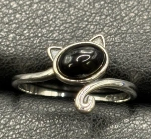 New Condition Sterling Silver Onyx Kitty Cat Ring Size 7 - Picture 1 of 8
