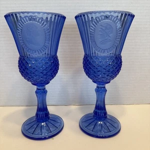 Vintage Fostoria Cobalt Blue Glass Goblet Set Avon 1970 Martha & George Washingt - Picture 1 of 5