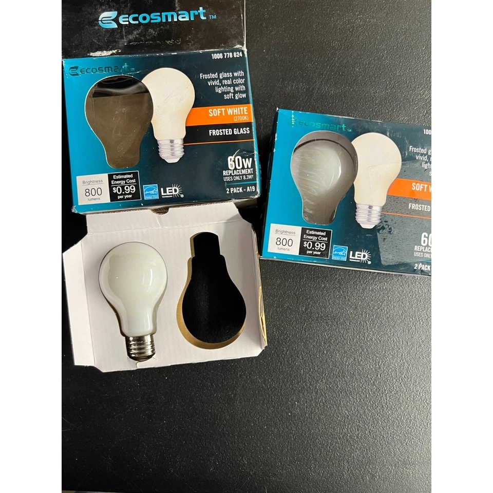3pk Ecosmart 60W Bombilla LED A19 Regulable CEC Vidrio Esmerilado Blanco Suave Foto 1 de 4