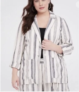 Torrid Linen Striped Blazer Womens Sz 1X Unstructured Lined Black White Career - Picture 1 of 12