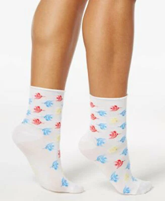 HUE Women's Tropical Fish Print Ankle roll up Socks Red White Blue - Image 1 of 4