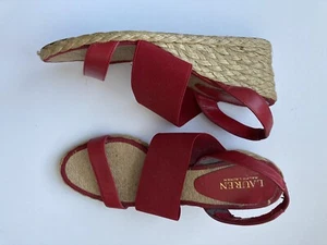Ralph Lauren Carminda Espadrille Wedge Sandals 10 Leather Shoes Red - Picture 1 of 4