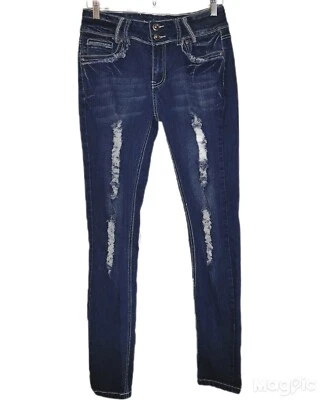 Lindo Jean Azul Denim Rasgado Bolsillos Bordados Talla 7 Elástico Fashion2love Foto 1 de 4