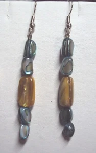 dainty blue + yellow abalone sea shell chip + silver tone drop dangle earrings - Picture 1 of 2