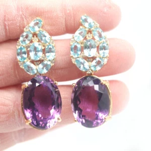 Unheated Gemstone Purple Amethyst, Topaz & Zircon Earrings 925 Silver - Picture 1 of 4