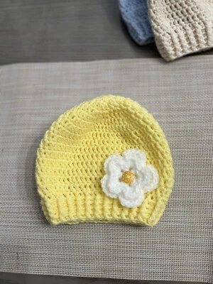 Yellow Baby Hat with Flower 0-3 months, pretty handmade hat for baby girls gift - Image 1 of 4