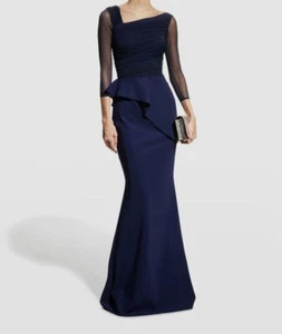 $1090 Chiara Boni Women's Blue Rippy Asymmetrical 3/4-Sleeve Gown Dress Size 38 - Picture 1 of 7