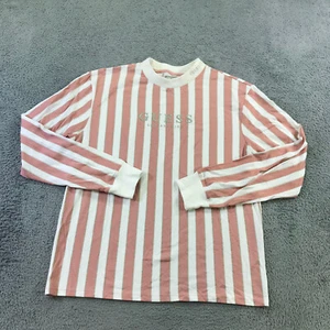 GUESS Shirt Men Small Pink White Striped Crew Neck Long Sleeve Spell Out - Picture 1 of 10