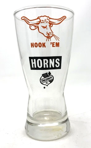 Vintage 1970's Texas Longhorns Hook 'Em Horns Falstaff Pilsner Glass 6" Tall Cover
