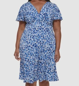 Jessica Howard Women's Blue Printed Twisted Front V-Neck Dress Plus Size 20W - Picture 1 of 3