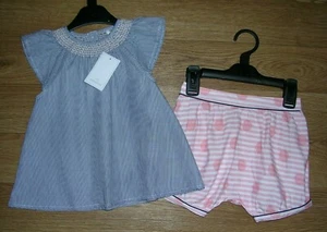 BNWT MOTHERCARE Girls Shirred Blue Top Pink Shorts Set Outfit Age 18-24m NEW - Picture 1 of 2