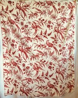 Antique French 19th C Fabric Toile Birds Red and Ivory Floral Exotic