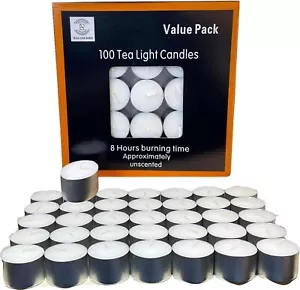100 Tea Night Lights Candles 8 HOUR LONG BURN Unscented Tealights Nightlight UK - Picture 1 of 7