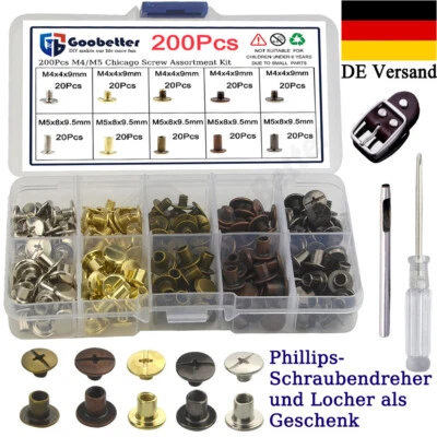 GOOBETTER 200 Chicago-Schrauben Gürtelschrauben Buchschrauben Schraubnieten Vernickelt Set