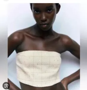 ZARA Tweed Bustier corset sweetheart Tube crop top Bandeau Cream Size M New - Picture 1 of 7
