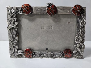 Emaillierter Marienkäfer Bilderrahmen Fotorahmen Blumen Zinn Silber Rot passend für 4x6" - Bild 1 von 12