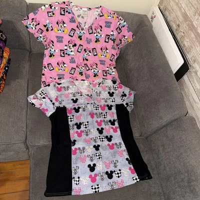 2- Women’s Disney Mickey & Minnie Mouse V Neck Scrub Top Size Medium #4 - Image 1 of 4