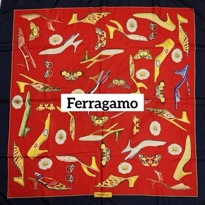 Ferragamo Bufanda Grande Tacones Altos Mariposa Flor Rojo Azul Marino -USADO- Foto 1 de 4