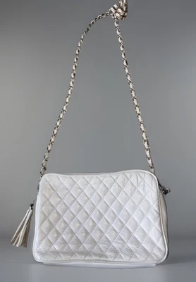 Women's White Quilted Faux Leather Crossbody Purse Tassel Gold Chain Link Strap - Image 1 of 4