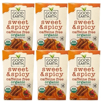 Good Earth Organic Sweet and Spicy Caffeine Free Tea Herbal 18 Tea Bags, 6 Pack