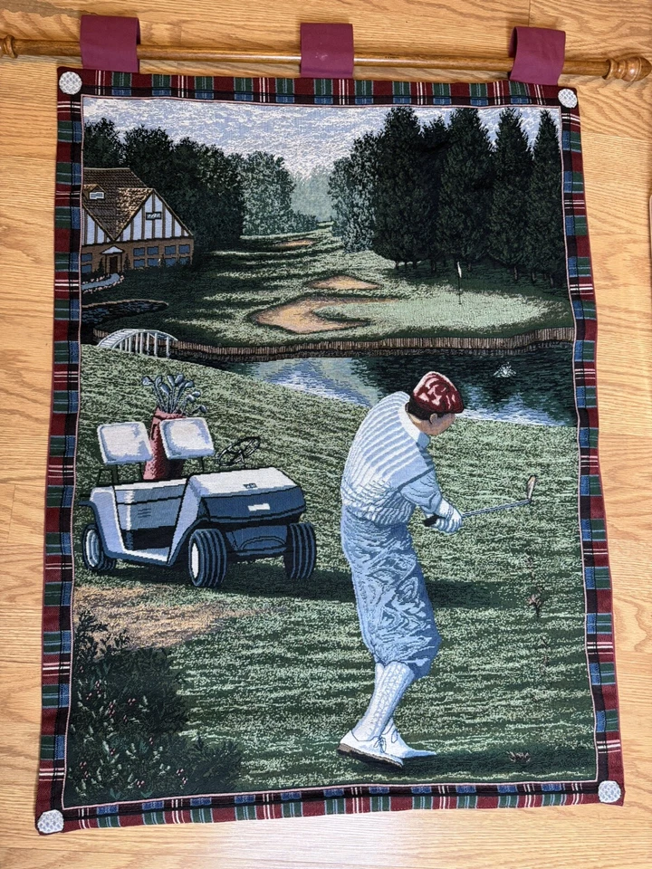 Tapestry Golf Wall Hanging Decor  Man Cave Sports 26" W 35” H Wood Dowel & Pillo - Image 1 of 4