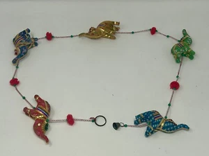 Colorful Vintage Fabric Covered Elephants On String With Bell And Beads - Picture 1 of 22